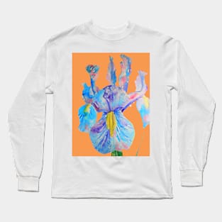 Iris Watercolor Painting - Blue with Raindrops - on Orange Long Sleeve T-Shirt